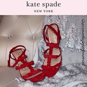 Kate Spade Ilene Red Suede Scallop Edge Strappy Bow Heeled Sandals Size 11M HTF